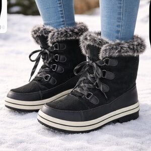 ❄️ Black Faux Fur Trim Winter Boots – Size 9